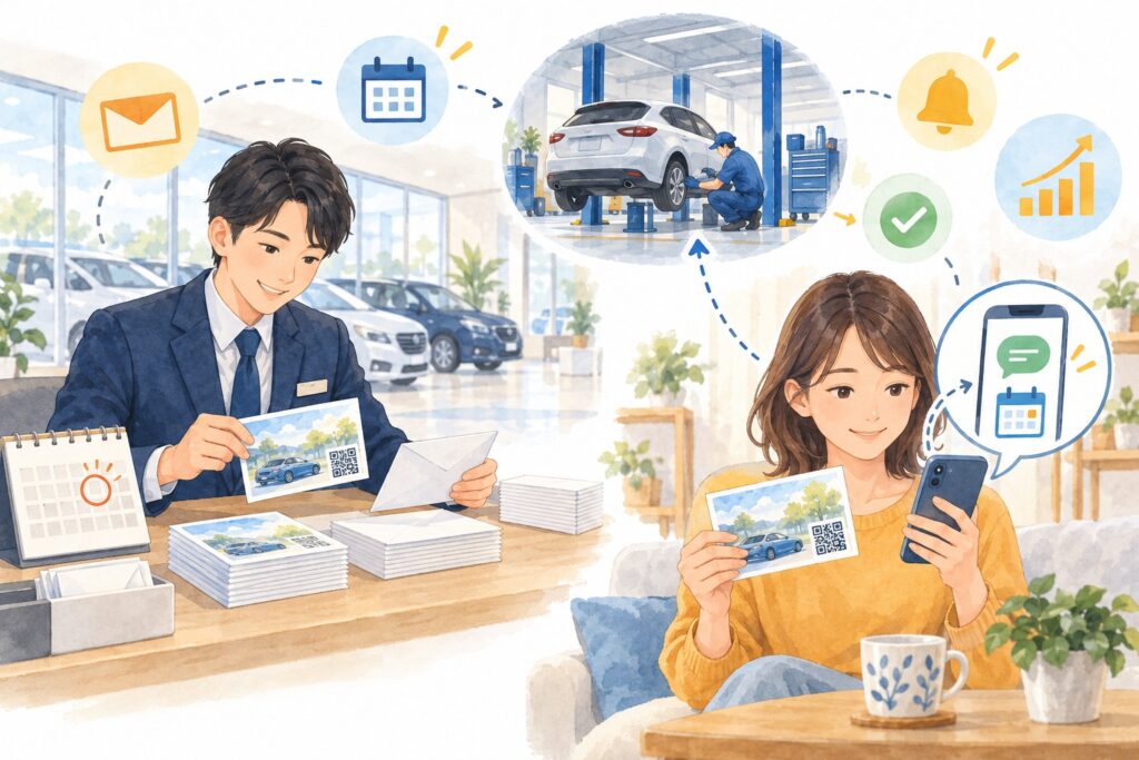 ディーラーのDM活用のイメージ(紙のDMとスマートフォンで来店・車検予約につなげる)