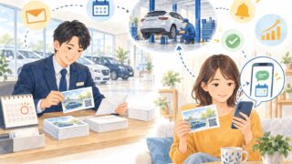 ディーラーのDM活用のイメージ（紙のDMとスマートフォンで来店・車検予約につなげる）